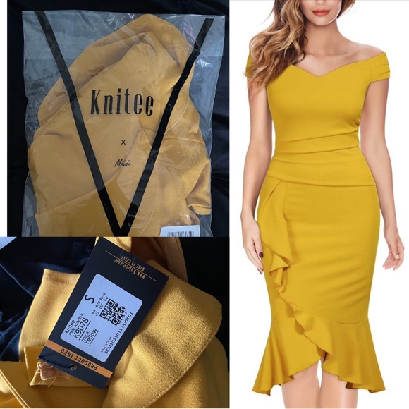 Yellow Knitee Off Shoulder V-Neck Pleat Waist Evening Cocktail Slit Formal Dress - Picture 4 of 5